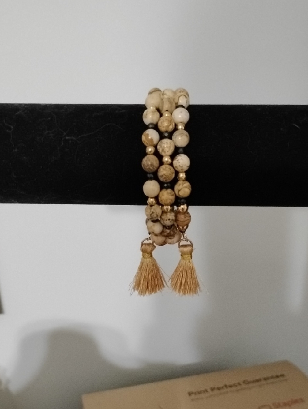Hand Crafted Picture Jasper And Black Spinel Bracelet With Gold & Tassel Accents
